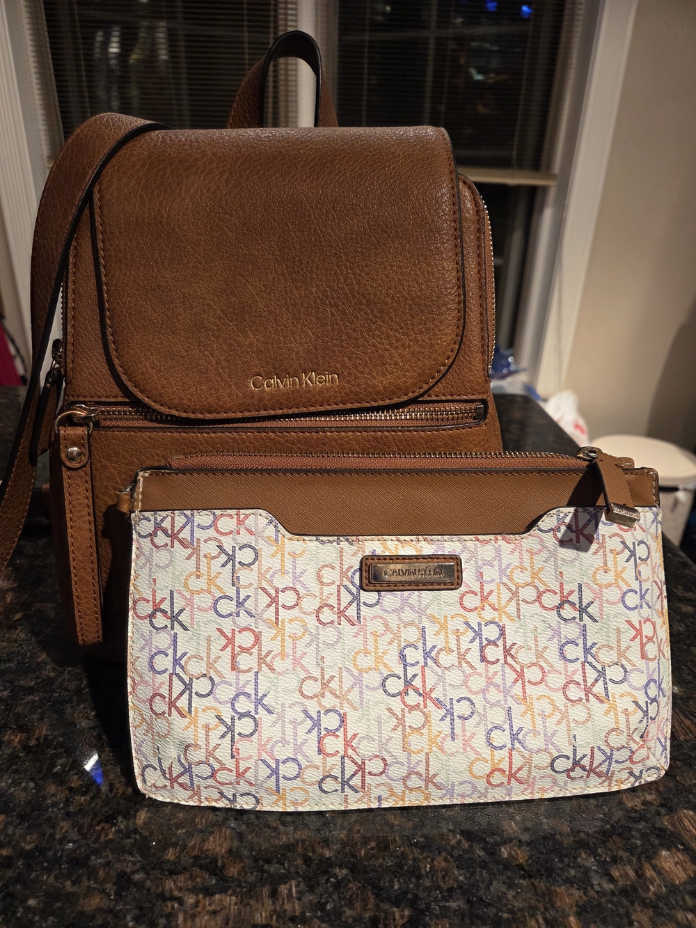Calvin Klein Tan Backpack with Multicolor Logo Wristlet